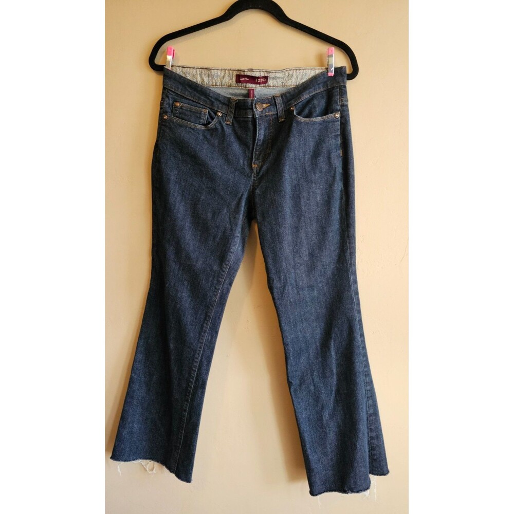 Izod Favorite Flare denim stretch jeans size 8 -boho-raw hem dark wash
